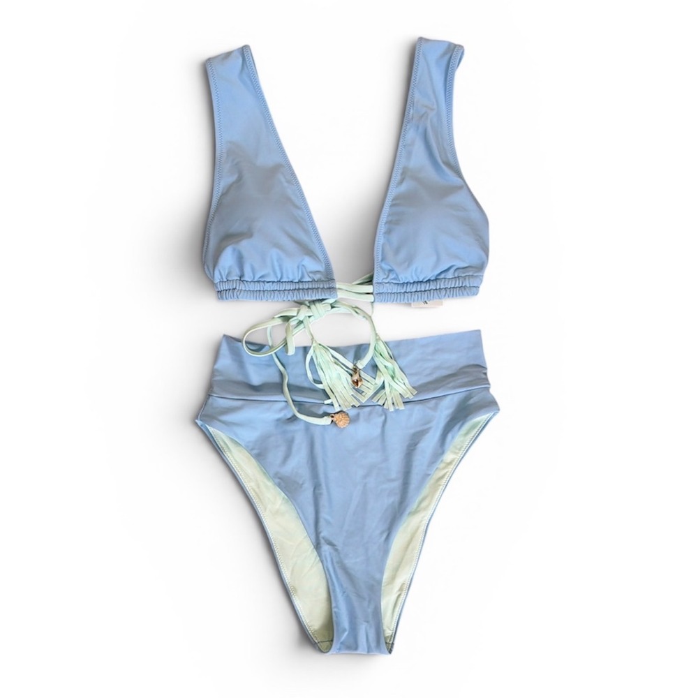 Aerie Real Good Light Blue Tassel Plunge Shell Triangle Bikini Set Women Medium